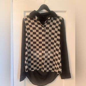 Title: Icône Sheer Checkered Blouse with Back Cutout – Size M